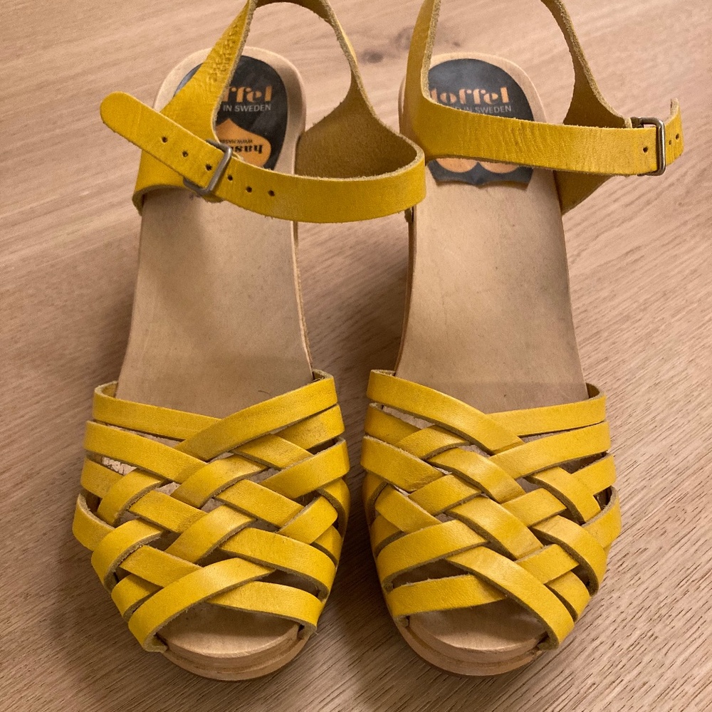 Swedish Hasbeens Yellow Braided Sky High Sandals Size 10